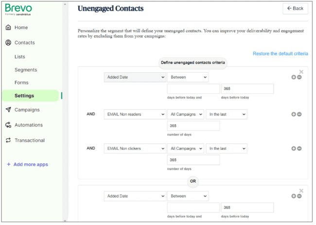 segmento de contactos no comprometidos de Brevo