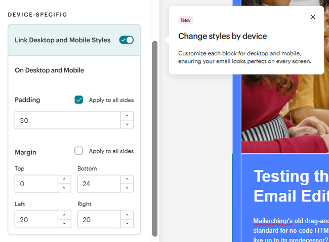 setting different styles on desktop and mobile in the Mailchimp email editor