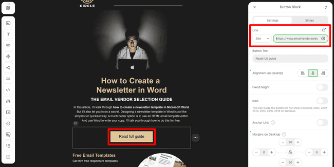 setting up a CTA button in Stripo editor