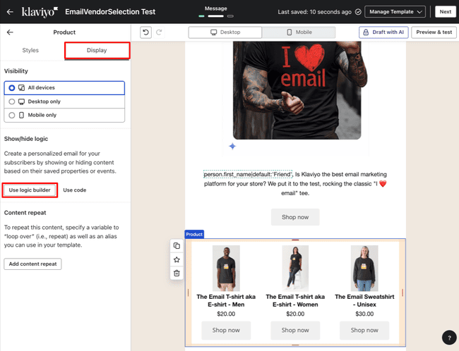 show:hide logic for personalizing emails in Klaviyo