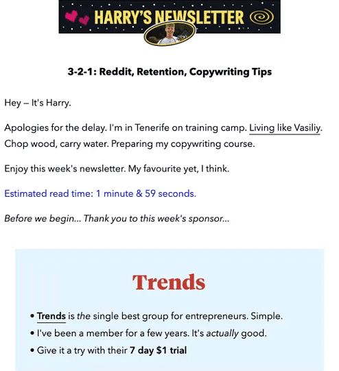 solo ads example of a newsletter with an ad promoting Trends
