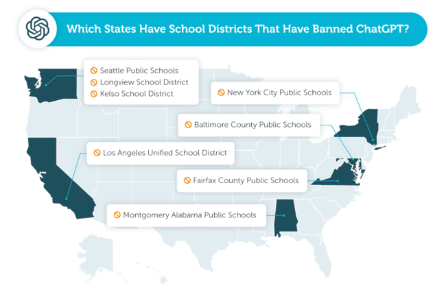 states that have school districts that have banned the use of ChatGPT
