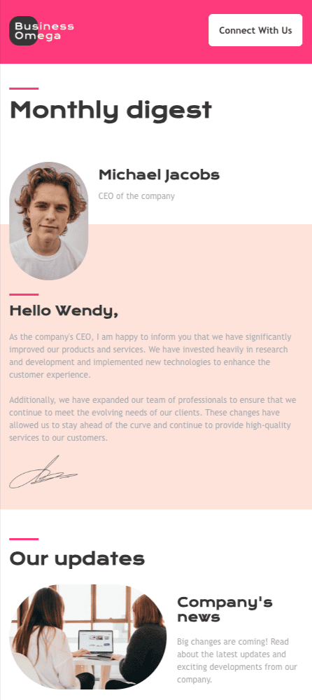 stripo promo email template news from omega for business industry