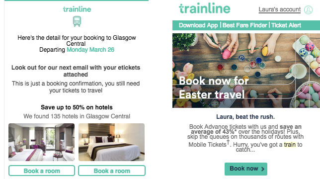 trainline transactional and marketing email examples