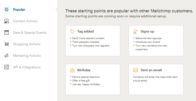 trigger options for launching automation in Mailchimp