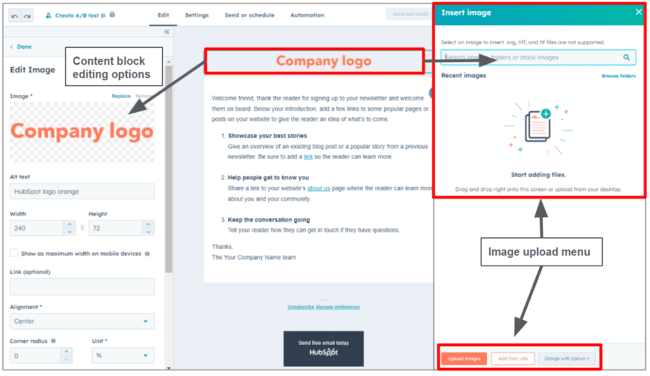 uploading an image in Hubspot CRM’s email editor