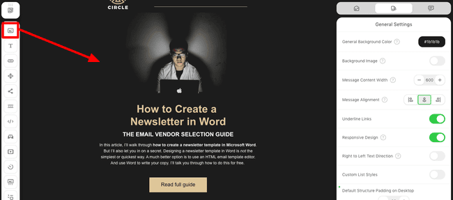 uploading images from the image gallery in Stripo editor