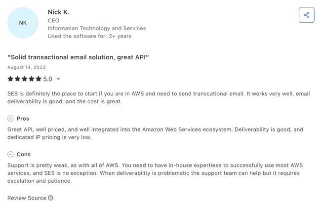 user review of Amazon SES