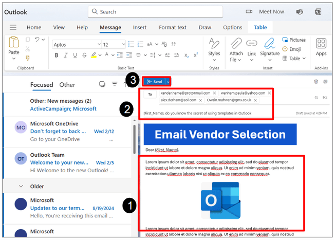 utilizar una plantilla de correo electrónico para enviar un correo electrónico en Microsoft Outlook web app