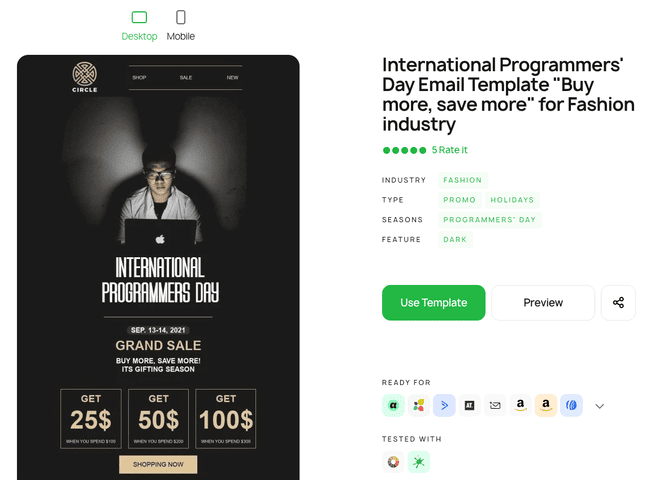 vista previa de la página de una plantilla de email seleccionada