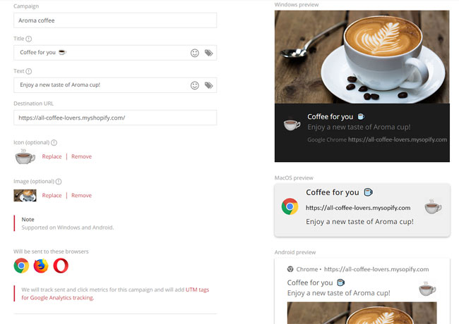 web push campaign example coffee